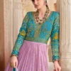 Lilac & Blue Silk Foil Printed & Embroidered Traditional Gown
