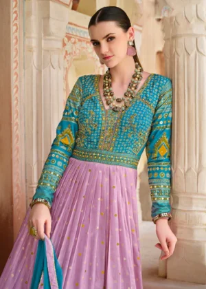 Lilac & Blue Silk Foil Printed & Embroidered Traditional Gown
